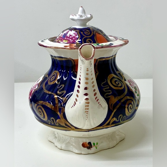 1830s Vintage Gaudy Welsh CHINOISSERIE Pattern Finial Lidded Lustre Teapot - Picture 10 of 16